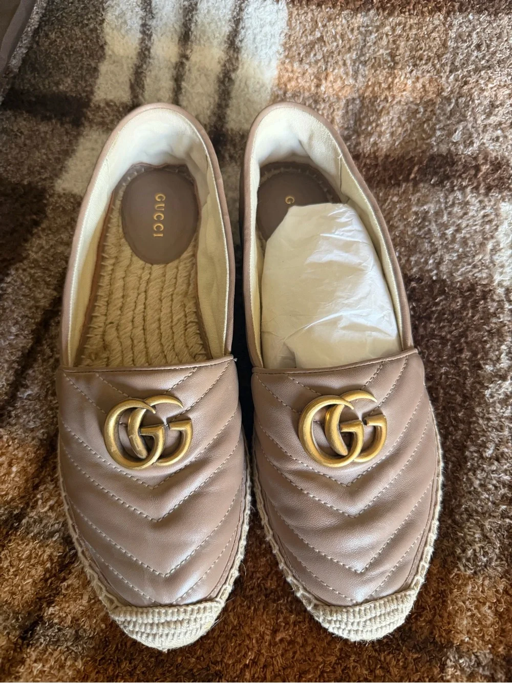 Gucci Tan Quilted Leather Espadrille Loafers with Gold G Logo